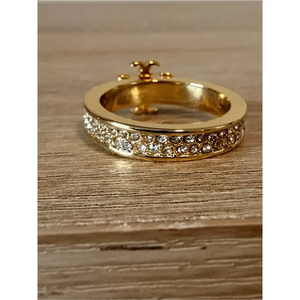 Tory Burch Crystal Miller Logo Ring Gold Tone Pave Size 7